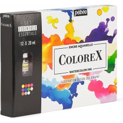 Boîte 12 Flacons 20 ml Assortis Colorex Encre Aquarelle - Pébéo