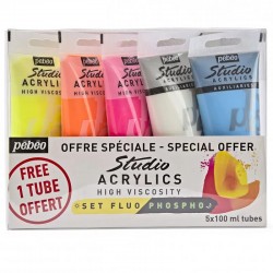 Pack de 5 Tubes Couleurs fluorescent et phosphorescent 100 ml Studio Acrylics - Pébéo