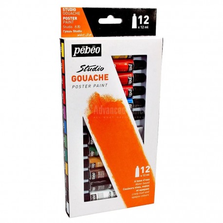 Boite de peinture gouache studio, 12 couleurs de 12 ml - Pébéo