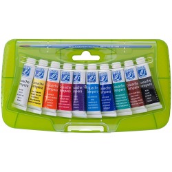 Boite en plastique de 10 tubes de Gouache de couleurs + pinceau - LEFRANC BOURGEOIS