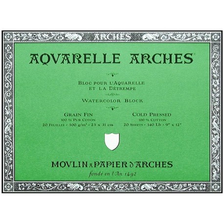 Bloc Aquarelle 20 Feuilles 300g/m² Grain Fin 23 x 31 cm Blanc Naturel - Arches