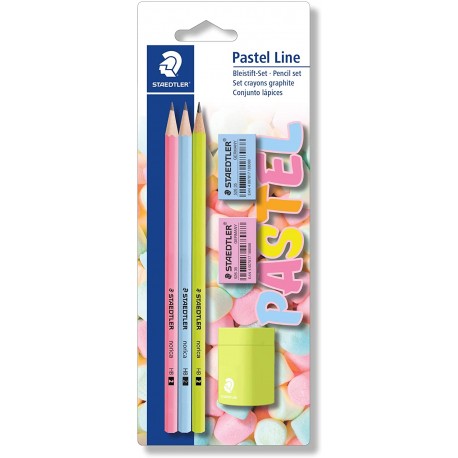 Set De 3 Crayons Graphites HB  Avec Gommes Et Taille-Crayon - Staedtler Pastel Line