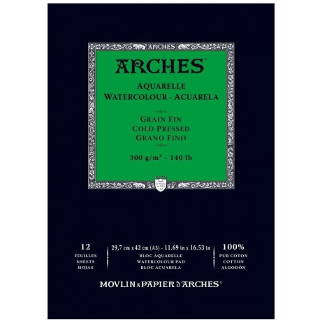 Bloc aquarelle grain fin A3 300 gr 12 pages Naturel Blanc - Arches