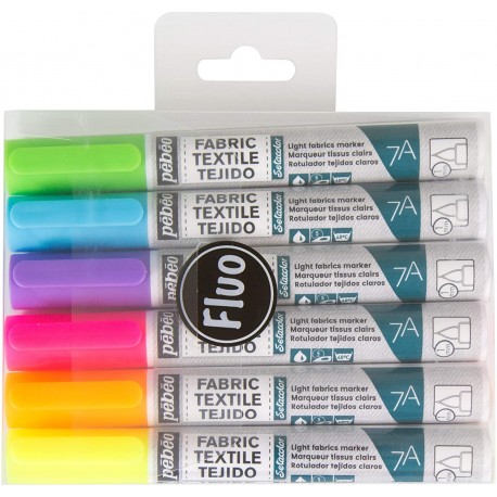 Set de 12 marqueurs fluo spécial tissu et textiles pointe pinceau 1mm - Pébéo