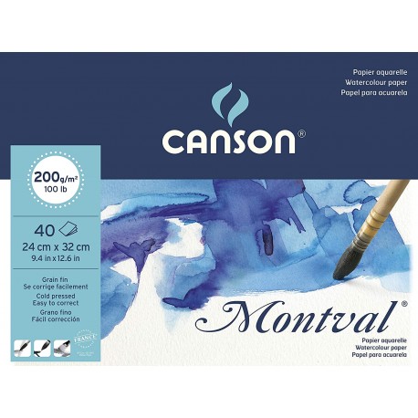 BLOC PAPIER AQUARELLE MONTVAL GRAIN FIN COLLÉ 4 CÔTÉS - CANSON- 200g/m²