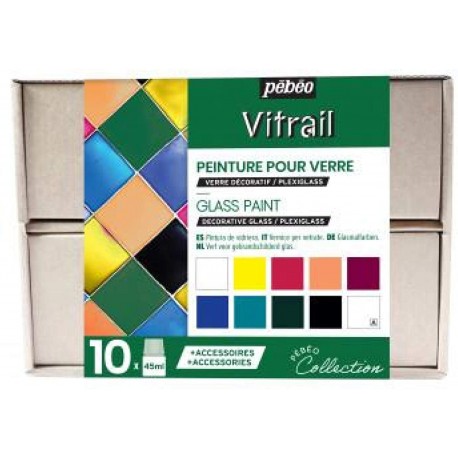 Set de 6 Flacons de 20 ml  Peinture sur verre Vitrail Couleurs Assorties - Pébéo